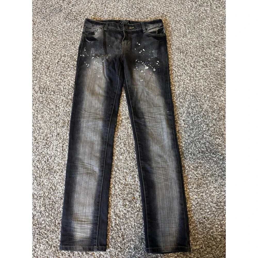 THRILL Girls Size 16 Black Jeans Distressed Paint Splatter Y2K Straight Leg
